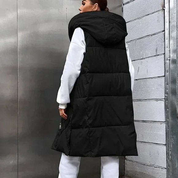 Black Casual Womens Pocket Zip Up Hooded Puffer Vest Coat - Picture 3 of 5